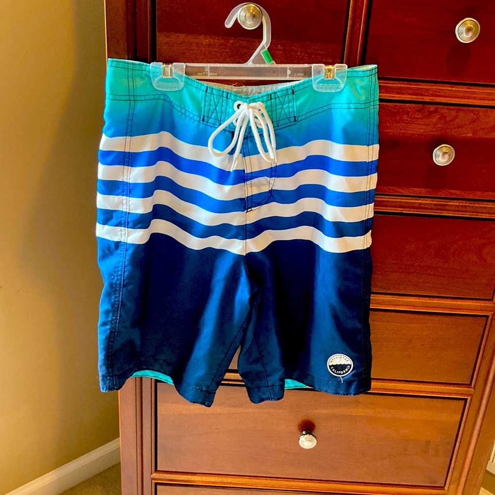 Hollister men’s swim trunks, size small, striped blue and white, drawstring